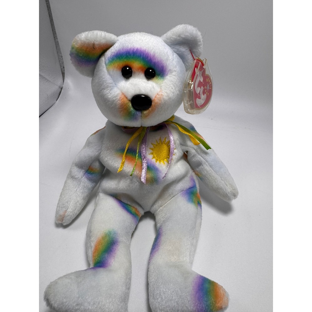 Ty Beanie Baby Cheery the Bear Rainbow Sun White Plush Toy with Tags